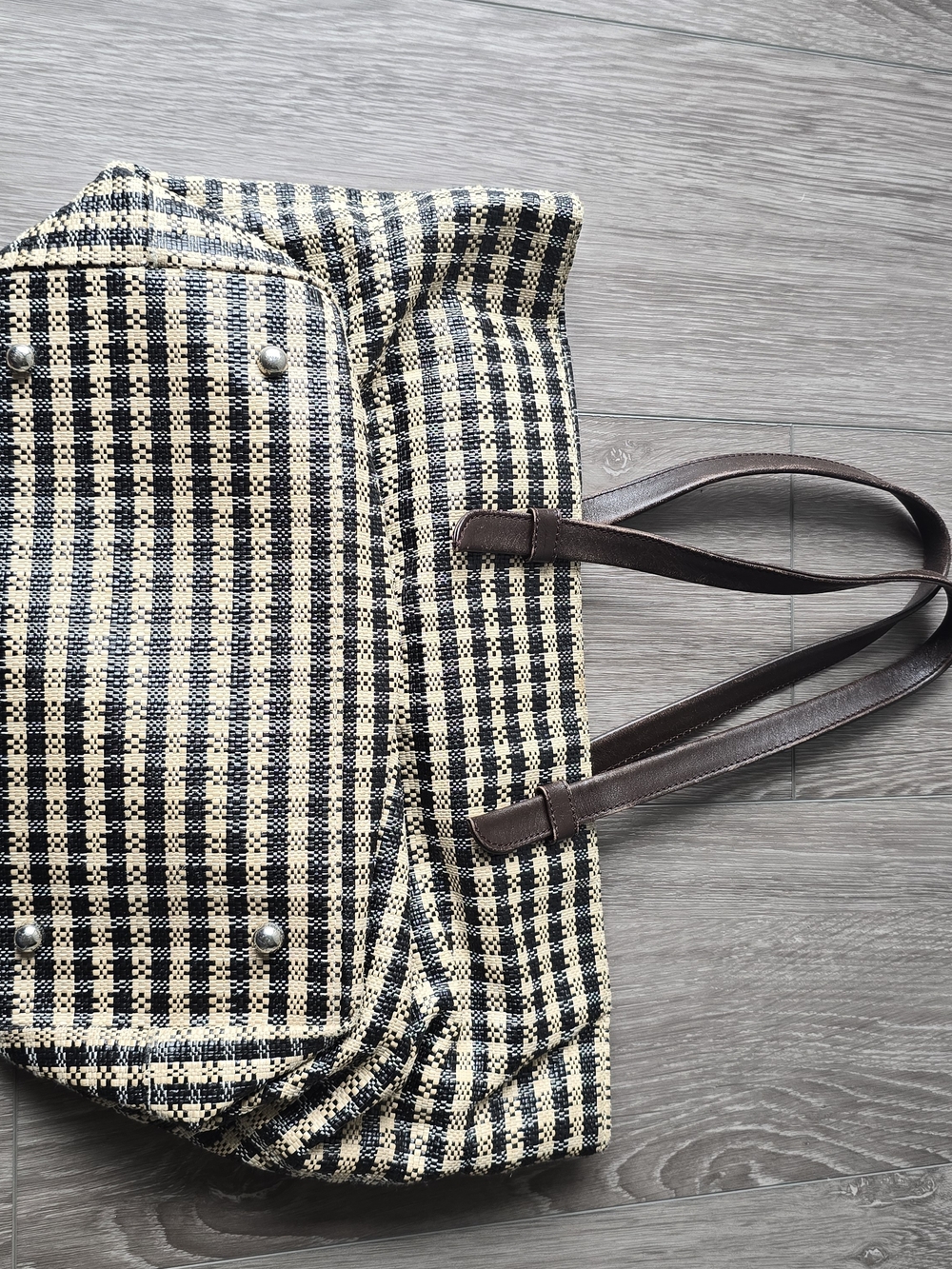Talbots Paper Straw Woven Tote Bag Black Cream Plaid Genuine Leather - Picture 8 of 10